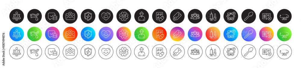 Capsule pill, Puzzle and Cogwheel line icons. Round icon gradient buttons. Pack of Ethics, Medical vaccination, Reject mail icon. E-mail, Engineer, Power safety pictogram. Vector Capsule pill, Puzzle and Cogwheel line icons. Round icon gradient buttons. Pack of Ethics, Medical vaccination, Reject mail icon. E-mail, Engineer, Power safety pictogram. Vector