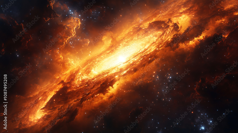 A vibrant cosmic explosion illuminating the heart of a distant galaxy filled with swirling stars and nebulae. Generative AI A vibrant cosmic explosion illuminating the heart of a distant galaxy filled with swirling stars and nebulae. Generative AI