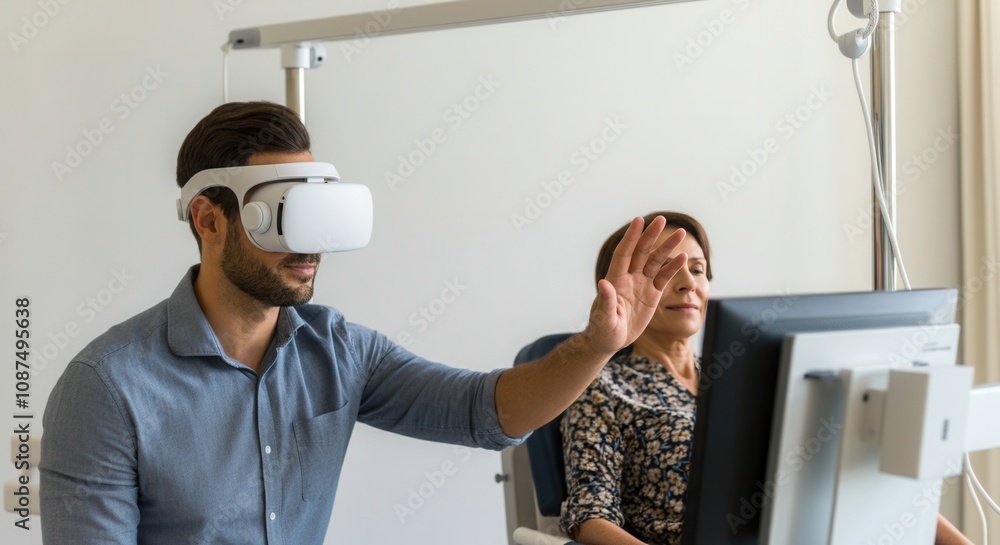 Fototapeta premium Man experiencing virtual reality in modern office setting