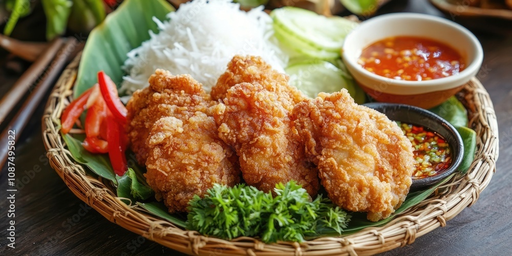 Fried chicken served with fresh raw vegetables and coconut on a plate makes for a delightful traditional food experience. Enjoy this delicious fried chicken alongside vibrant raw vegetables. Fried chicken served with fresh raw vegetables and coconut on a plate makes for a delightful traditional food experience. Enjoy this delicious fried chicken alongside vibrant raw vegetables.