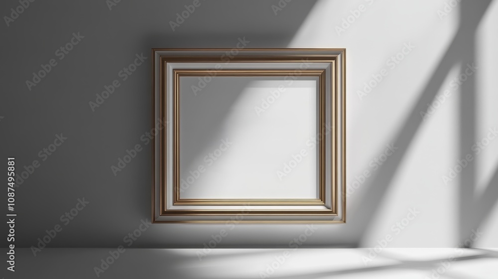 A decorative empty picture frame against a minimalist wall, illuminated by soft shadows. A decorative empty picture frame against a minimalist wall, illuminated by soft shadows.