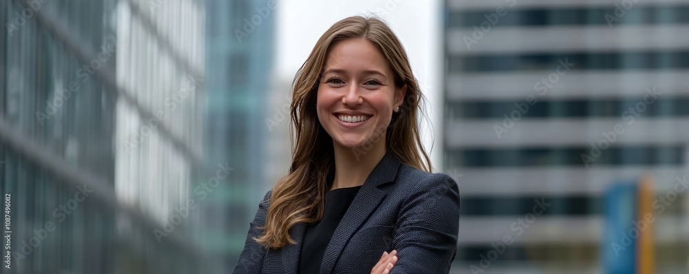 Confident Businesswoman Smiling Outdoors with Modern Office Buildings and Bokeh Background Confident Businesswoman Smiling Outdoors with Modern Office Buildings and Bokeh Background