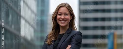 Confident Businesswoman Smiling Outdoors with Modern Office Buildings and Bokeh Background