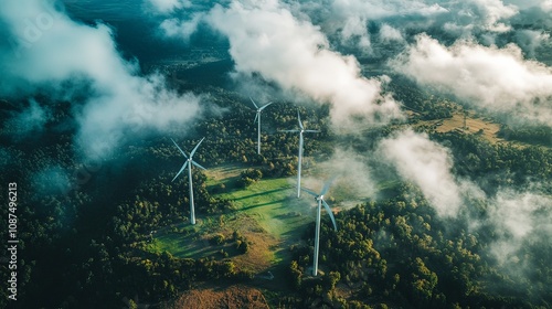 Aerial view of wind turbine construction, showcasing towering structures and vast landscapes. 