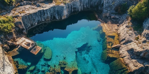 Flooded quarry with crystal clear water offers an ideal setting for diving. This flooded quarry s natural swimming pool creates a stunning environment for water enthusiasts and adventure seekers. photo