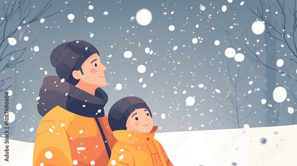 Illustration of a father and son smiling while enjoying snowfall in a serene winter forest. Concept of family joy and bonding. Illustration of a father and son smiling while enjoying snowfall in a serene winter forest. Concept of family joy and bonding.