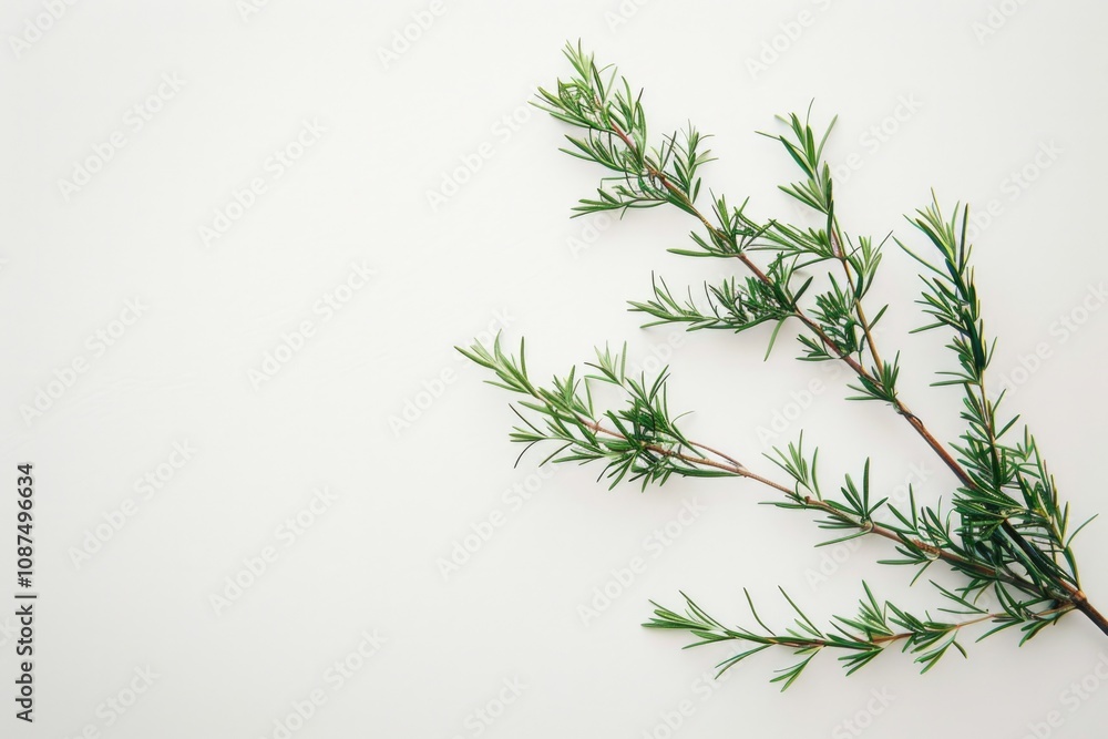 Obraz premium Minimalism Plant. Green Rosemary Branch on White Wall with Copy Space