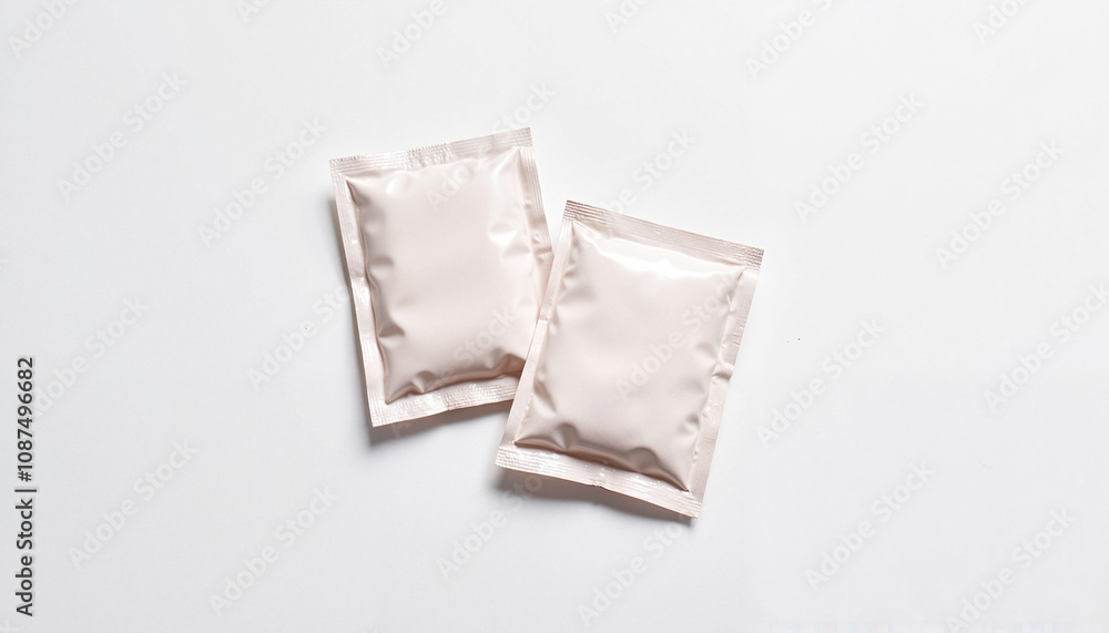 Two blank plastic sachets on a white background, ideal for packaging and sample purposes Two blank plastic sachets on a white background, ideal for packaging and sample purposes