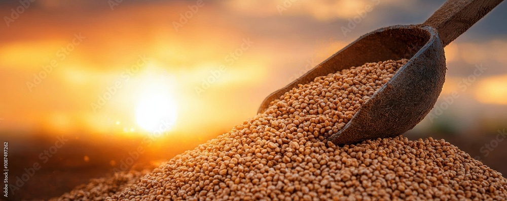 A close-up of a shovel pouring grains at sunset, highlighting the golden tones and agricultural beauty of harvest time. A close-up of a shovel pouring grains at sunset, highlighting the golden tones and agricultural beauty of harvest time.