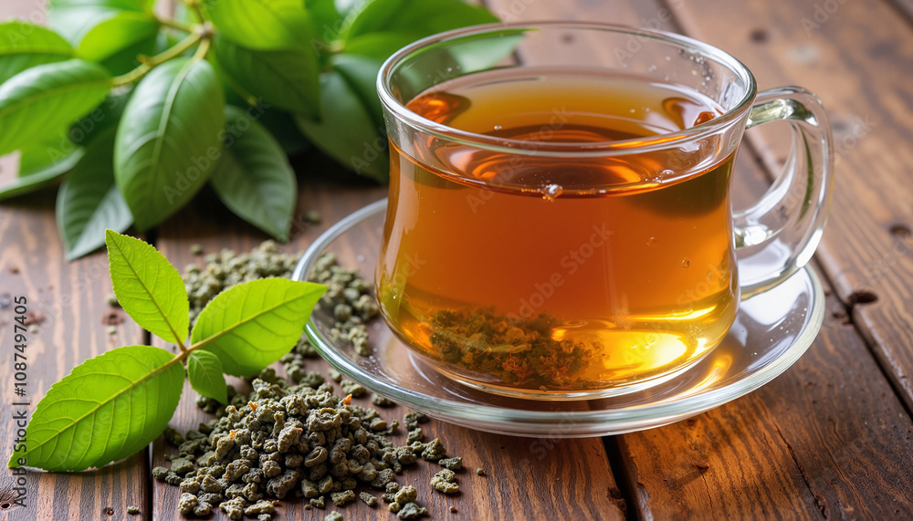 Cup of green tea with fresh leaves and tea leaves on wooden table Cup of green tea with fresh leaves and tea leaves on wooden table