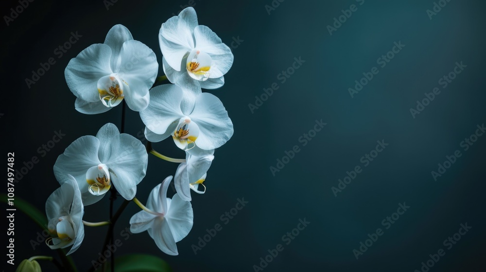 Orchids White. Close-up Phalaenopsis Orchid Flowers on Dark Background Orchids White. Close-up Phalaenopsis Orchid Flowers on Dark Background