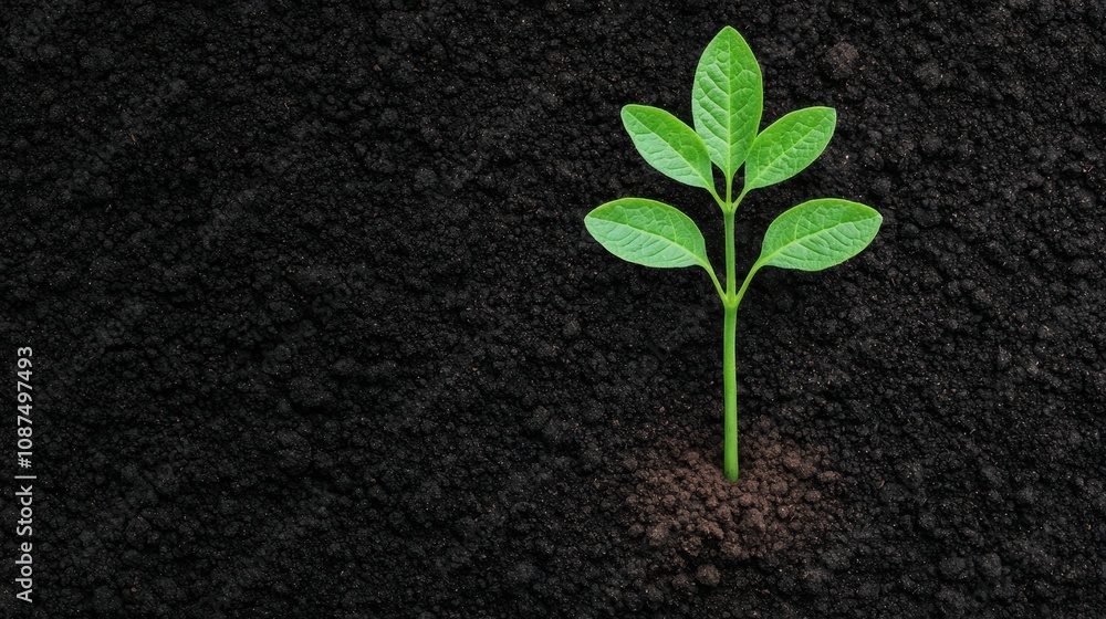 Naklejka premium Fresh Green Plant Growing from Dark Soil in Earthy Background, Symbolizing Growth, Renewal, and Nature Nourishment in Vibrant Ecosystem Setting