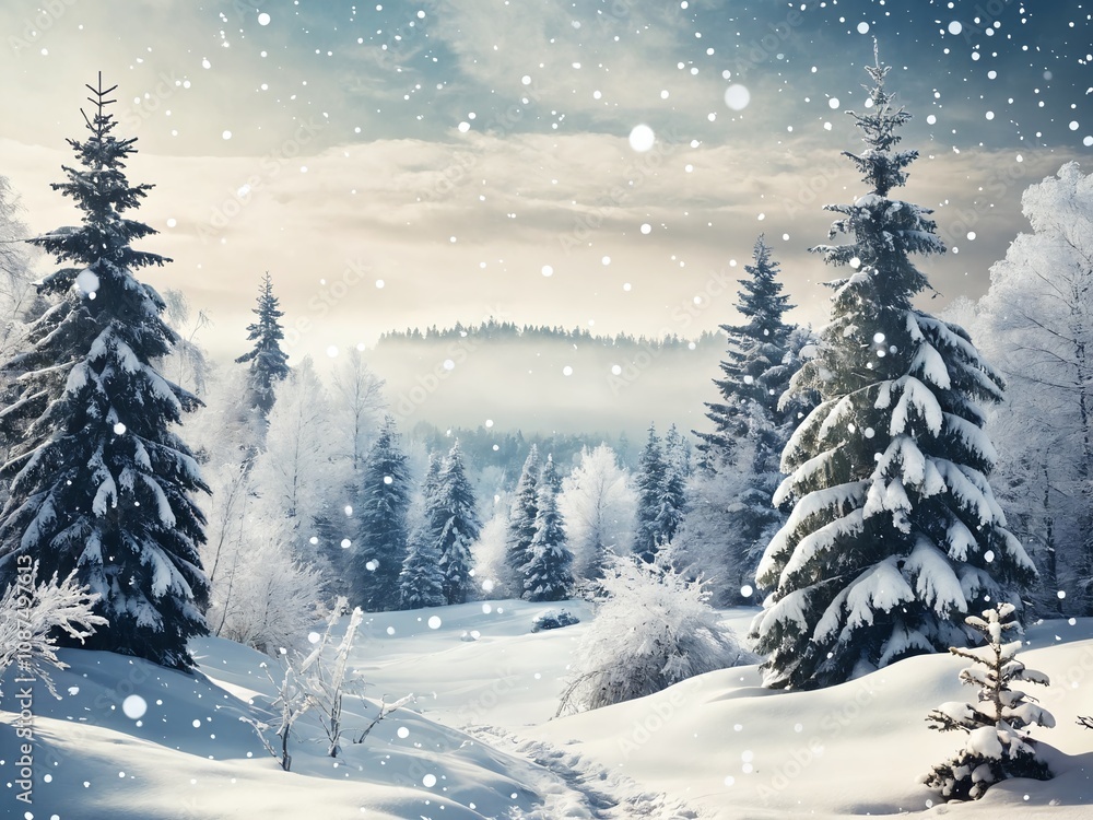 Snow-covered landscape with evergreen trees in a serene winter setting during a gentle snowfall Snow-covered landscape with evergreen trees in a serene winter setting during a gentle snowfall