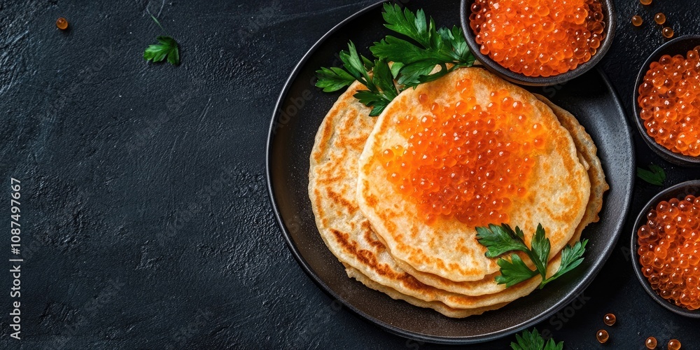Fried fish roe pancakes displayed on a dark plate against a dark background. This horizontal top view of fried fish roe pancakes features ample copy space for various uses. Fried fish roe pancakes displayed on a dark plate against a dark background. This horizontal top view of fried fish roe pancakes features ample copy space for various uses.