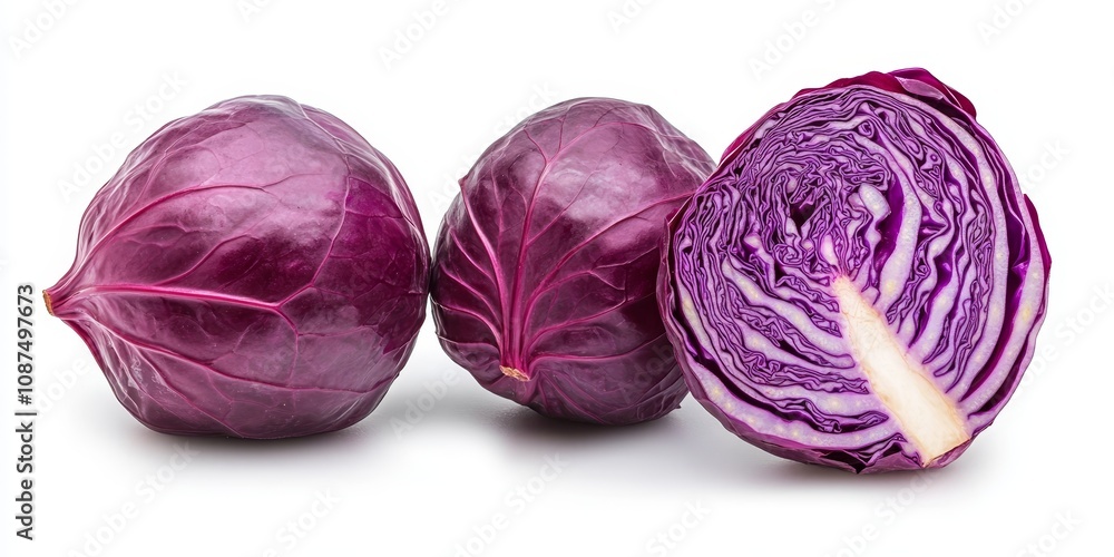 Fresh red cabbage displayed on a clean white background, showcasing the vibrant color and texture of red cabbage, perfect for culinary and health related themes featuring red cabbage.