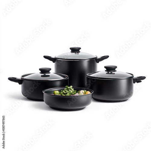 A set of black cooking pots and a bowl with vegetables, ideal for meal preparation. photo