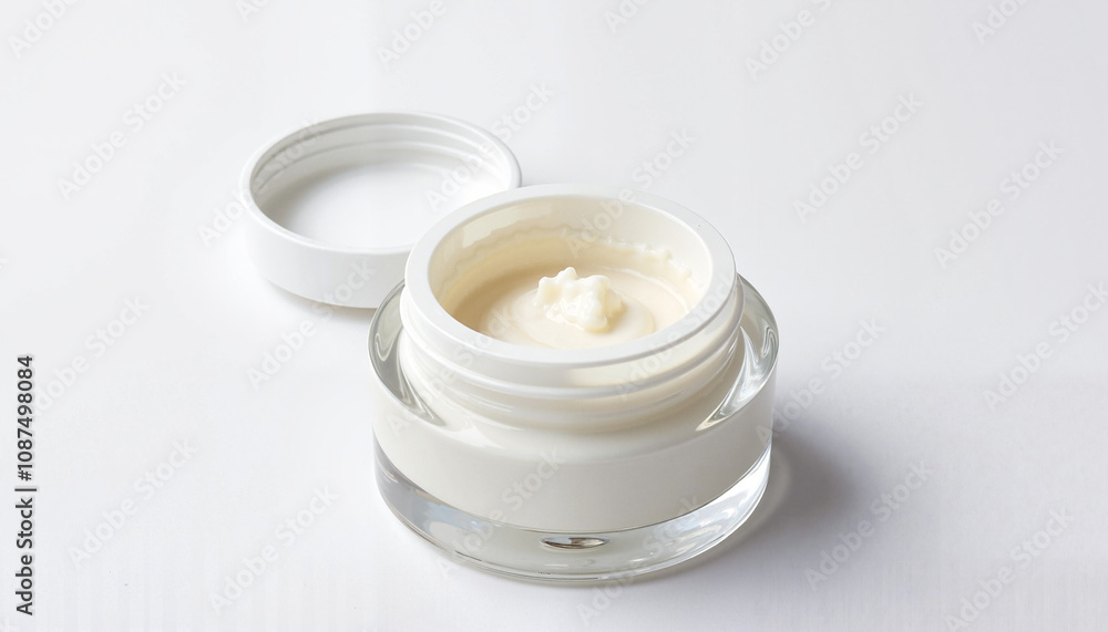 Open white cream jar, skincare product, minimalist design, beauty and wellness display Open white cream jar, skincare product, minimalist design, beauty and wellness display