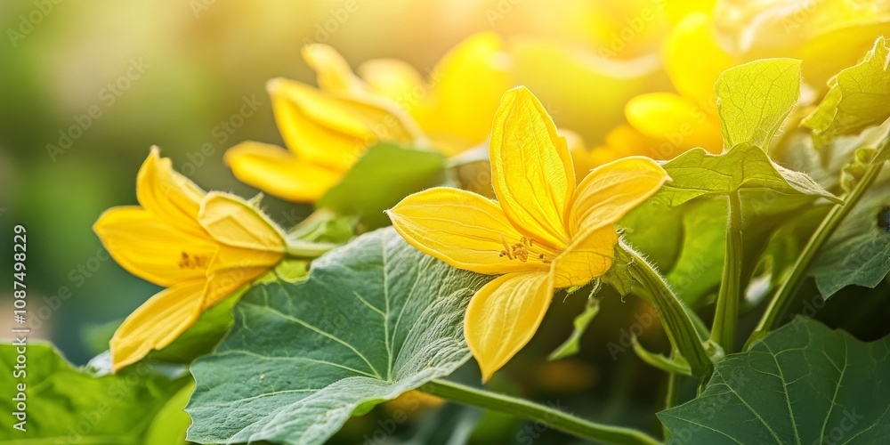 Fototapeta premium Yellow squash flowers and vibrant green leaves are characteristic of the squash family, showcasing the beauty and diversity of squash vines in nature s stunning display.