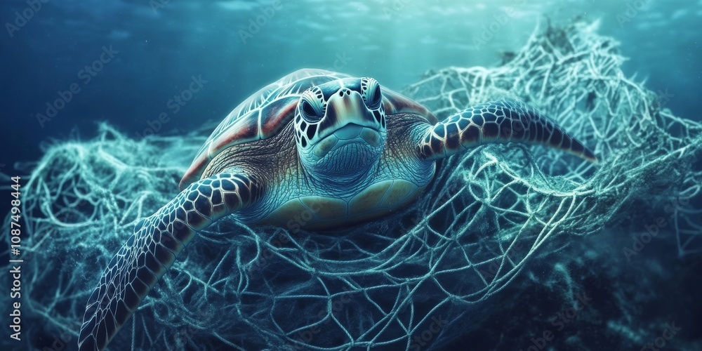 Obraz premium Endangered Sea Turtle caught in a fishing net, leading to its tragic death, highlights the urgent need for marine protection and awareness against ocean environmental destruction.