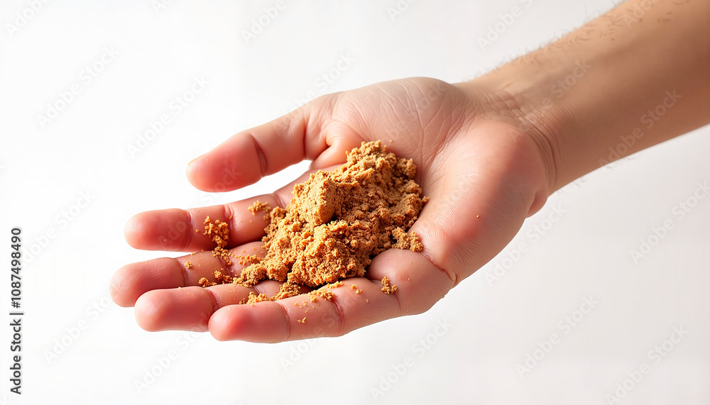 Hand holding spices with neutral expression on white background Hand holding spices with neutral expression on white background