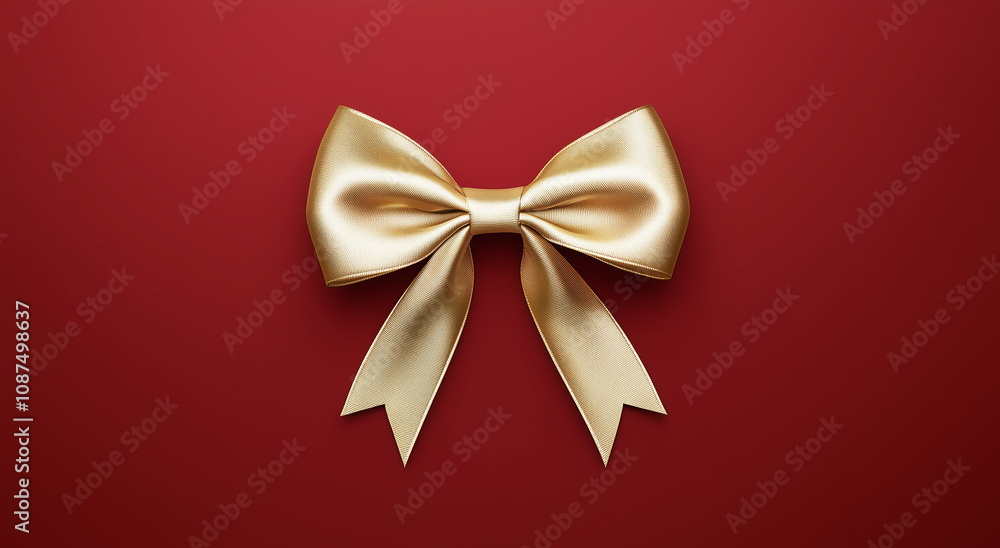 Golden satin bow on a red background. Minimalist festive decoration. Gift wrapping and holiday design concept for banners and posters Golden satin bow on a red background. Minimalist festive decoration. Gift wrapping and holiday design concept for banners and posters