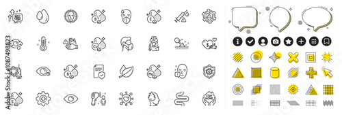 Set of Thermometer, Medicine and Farsightedness line icons for web app. Design elements, Social media icons. Molybdenum mineral, Oil drop, Vitamin b6 icons. Vector