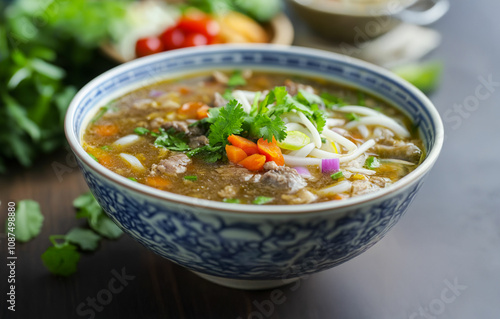 tasty and delicious pho, chicken or beef soup, broth, stock, bouillon, consommé, hot and spicy with vegetables and sprouts