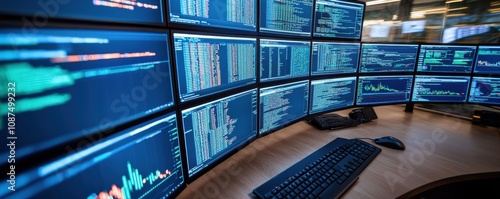 A high-tech trading room featuring multiple screens displaying financial data, charts, and analytics for monitoring market trends.