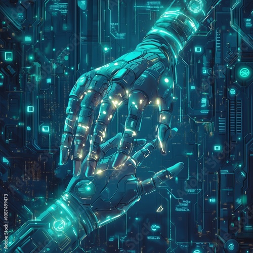 Futuristic Circuit Board with Code  hand robotic and Fractal Pattern, Arm Robot