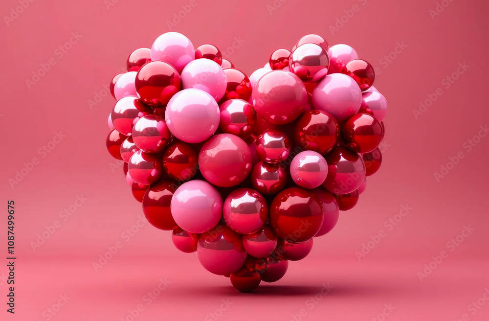 Fototapeta premium Colorful spheres in pink and red create a heart shape against a soft pink background, celebrating love and joy