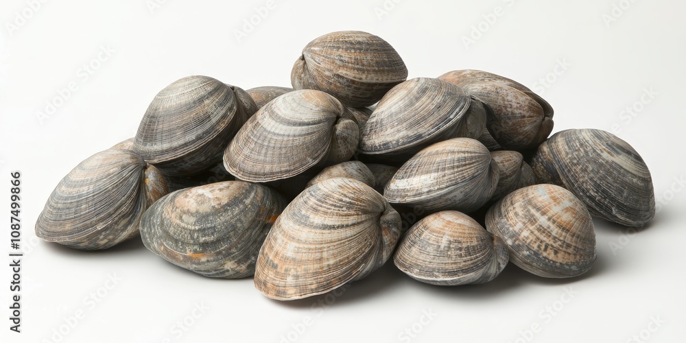 Fresh raw clams are beautifully stacked against a white background, showcasing the natural texture and color of clams, perfect for culinary or seafood related imagery featuring clams. Fresh raw clams are beautifully stacked against a white background, showcasing the natural texture and color of clams, perfect for culinary or seafood related imagery featuring clams.
