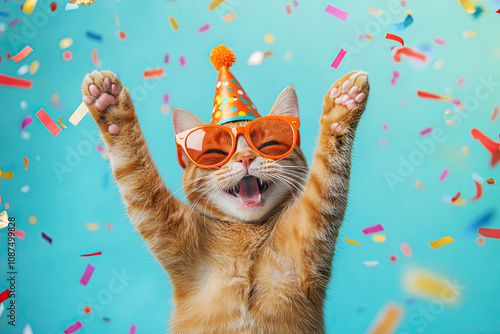 Playful celebration concept featuring an orange tabby cat wearing a party hat and orange sunglasses, surrounded by colorful confetti on a blue background.