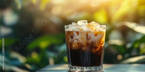 Iced coffee in a glass, topped with cream milk, is a refreshing cold brew coffee drink served over ice. The early morning sunlight enhances the appeal of this iced coffee treat.
