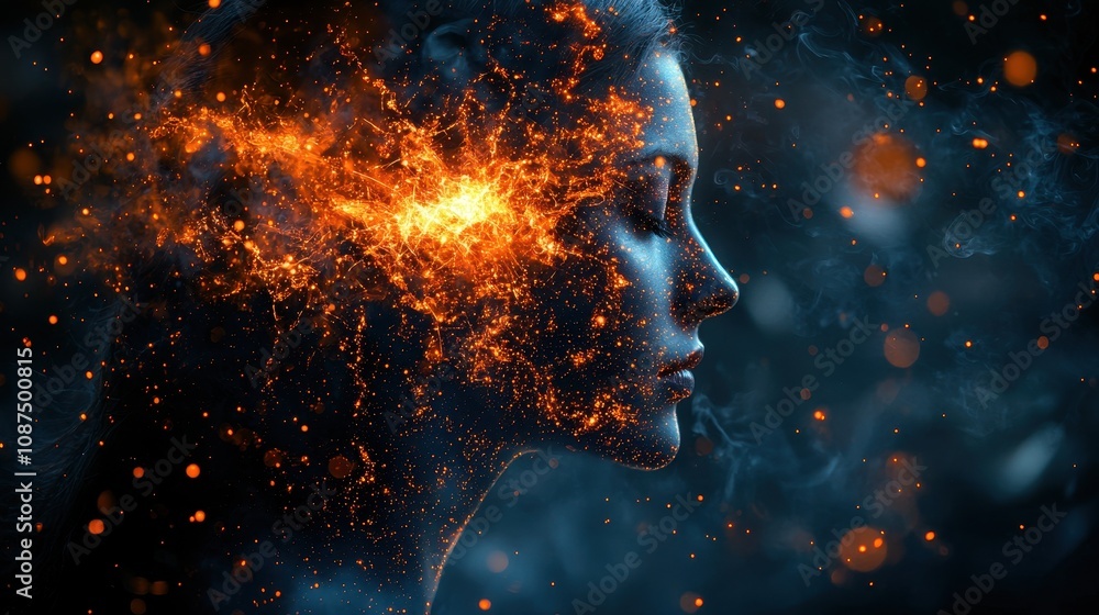 Stunning Artistic Representation of a Woman's Profile Merging with Explosive Particles and Glowing Sparks, Symbolizing Imagination and Creativity in a Dark Background Stunning Artistic Representation of a Woman's Profile Merging with Explosive Particles and Glowing Sparks, Symbolizing Imagination and Creativity in a Dark Background