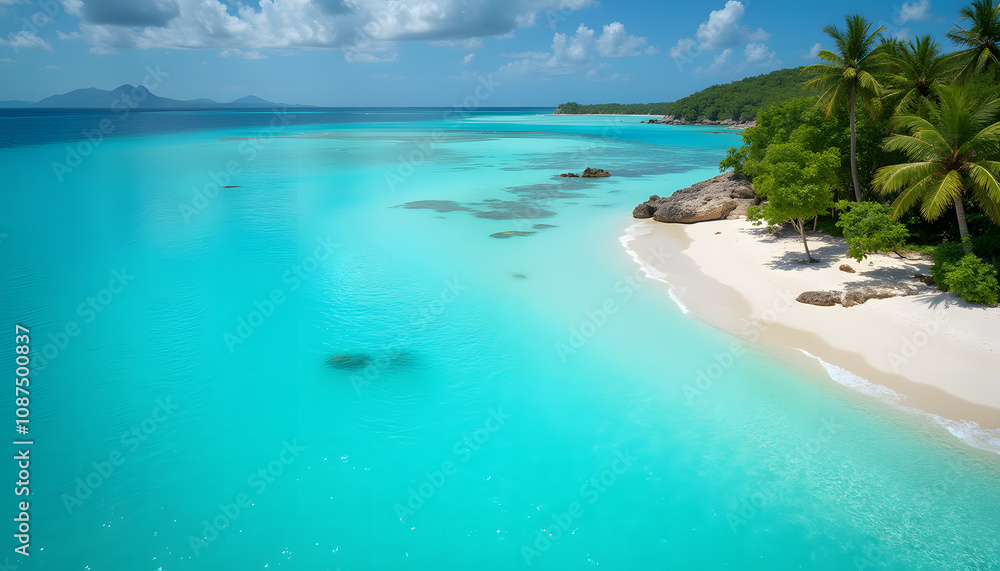 Fototapeta premium Clear ocean with turquoise water and white sandy beach, tropical paradise, scenic view, copy space