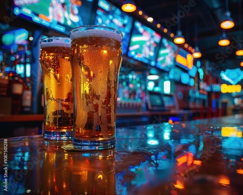 Two Pints of Amber Beer in a Colorful Bar Setting