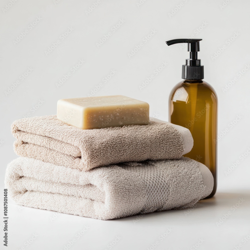 A set of towels, a bar of soap, and a pump bottle for personal care. A set of towels, a bar of soap, and a pump bottle for personal care.