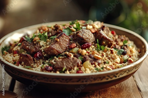 ouzi lamb or lamb pulao with nuts served in a dish side view isolared on wooden table 