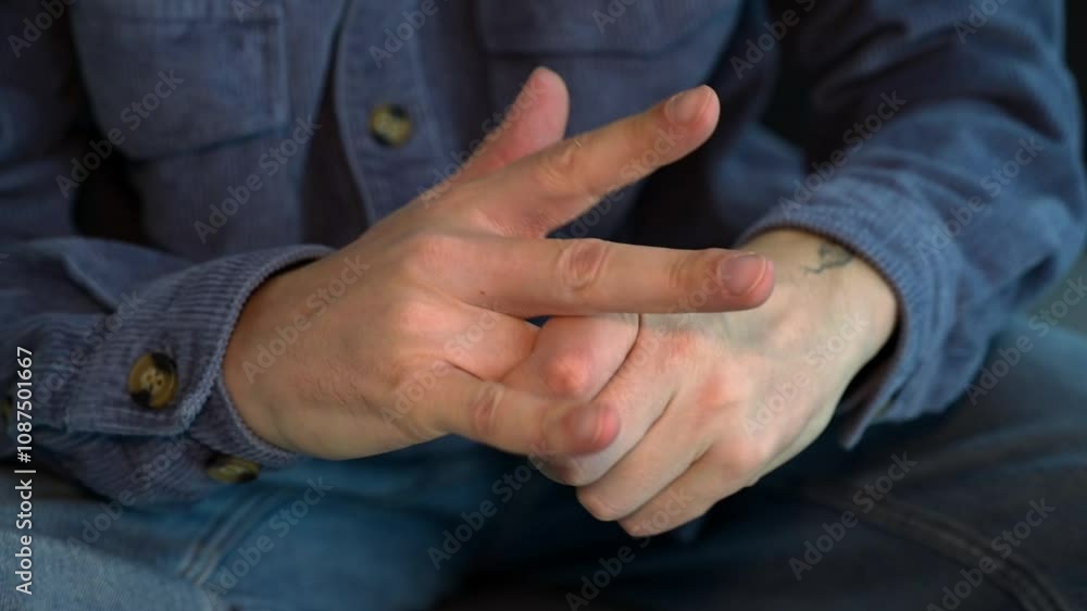 The man crunches his fingers.
Fingers on hands.
A man sets the bones in his hands.
Hands, fingers, realign, bones, tendon, pain The man crunches his fingers.
Fingers on hands.
A man sets the bones in his hands.
Hands, fingers, realign, bones, tendon, pain