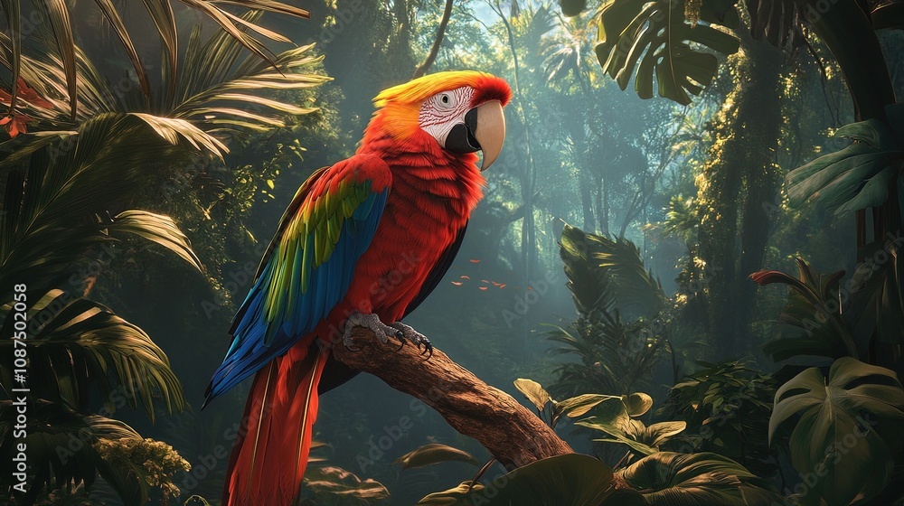 custom made wallpaper toronto digitalHybrid parrot in the jungle forest. Rare form Ara macao x Ara ambigua, scarlet and green macaw form