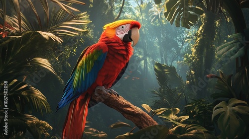 Wallpaper Mural Hybrid parrot in the jungle forest. Rare form Ara macao x Ara ambigua, scarlet and green macaw form Torontodigital.ca