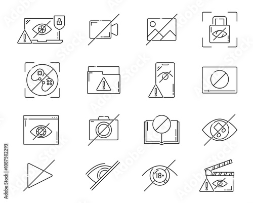 Sensitive content icons and censorship warnings vector signs. Sensitive photo and video content symbols with outline crossed out eyes, cameras, lock and game controller, play button, computer screen