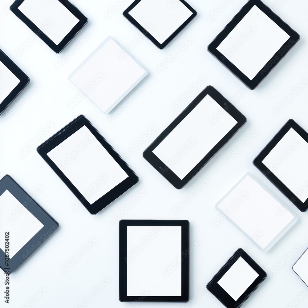 A collection of various tablets and e-readers arranged on a flat surface. A collection of various tablets and e-readers arranged on a flat surface.
