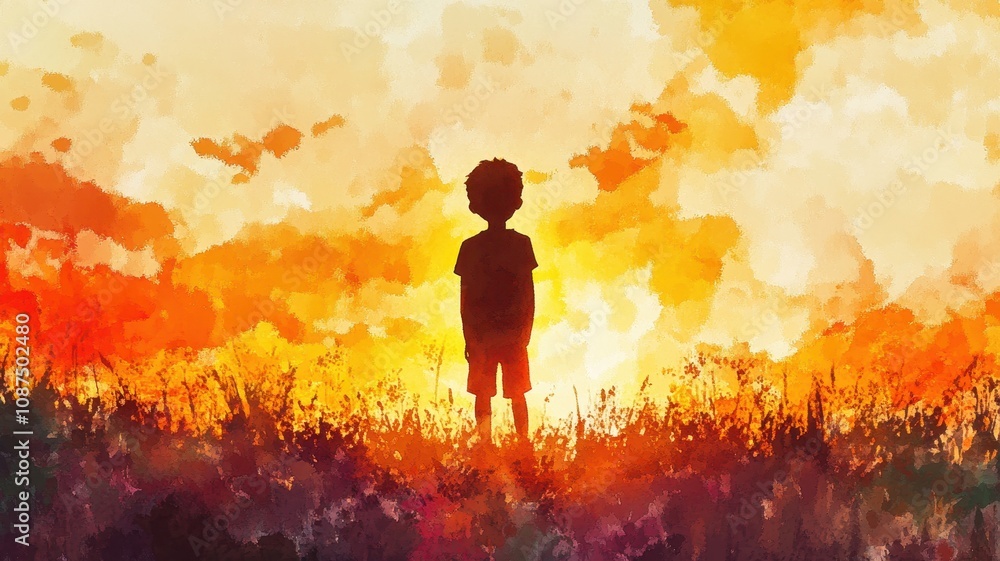 A silhouette of a child stands in a vibrant sunset, surrounded by golden fields, evoking a sense of wonder and tranquility. A silhouette of a child stands in a vibrant sunset, surrounded by golden fields, evoking a sense of wonder and tranquility.