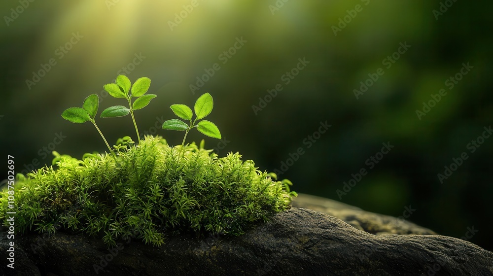 Moss and tiny flowers thriving on a rock surface, natural macro shot, microecosystem Moss and tiny flowers thriving on a rock surface, natural macro shot, microecosystem