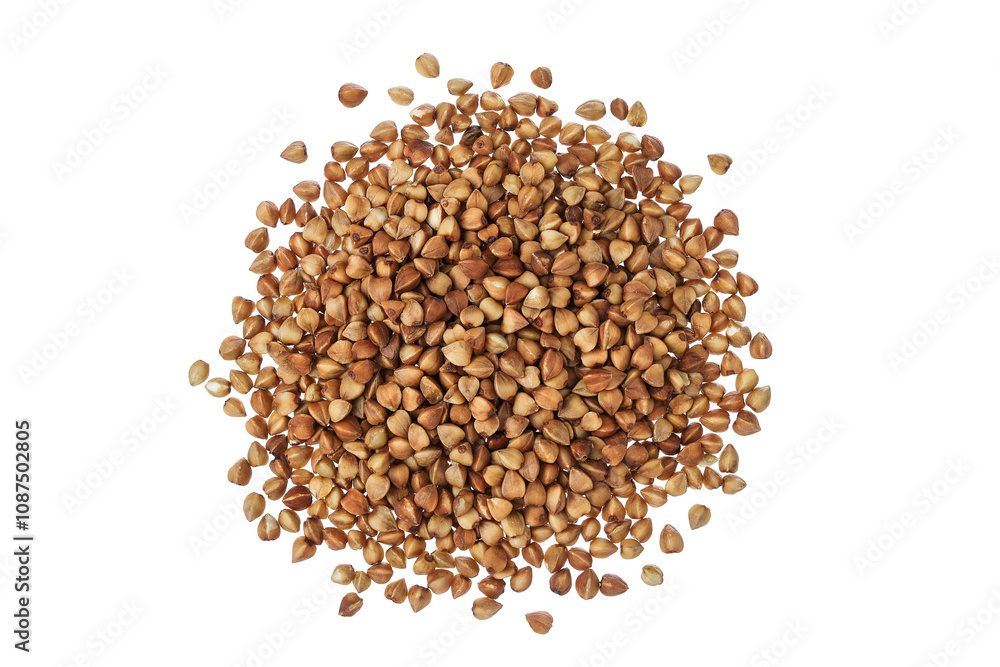 Raw buckwheat isolated on white background. Top view. Flat lay Raw buckwheat isolated on white background. Top view. Flat lay