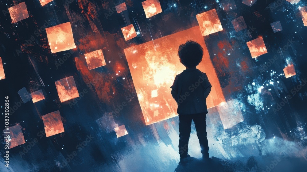 Fototapeta premium A silhouette of a child stands before a glowing, abstract backdrop of illuminated squares, evoking a sense of wonder and exploration in a dreamlike environment.