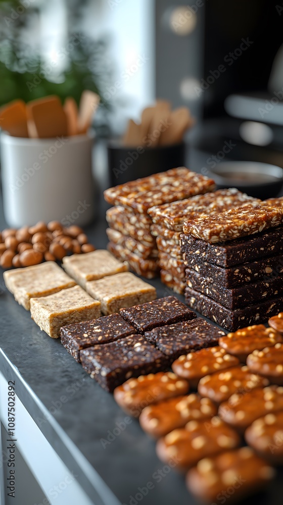 A variety of chocolate and nut bars displayed on a countertop for snacking. A variety of chocolate and nut bars displayed on a countertop for snacking.