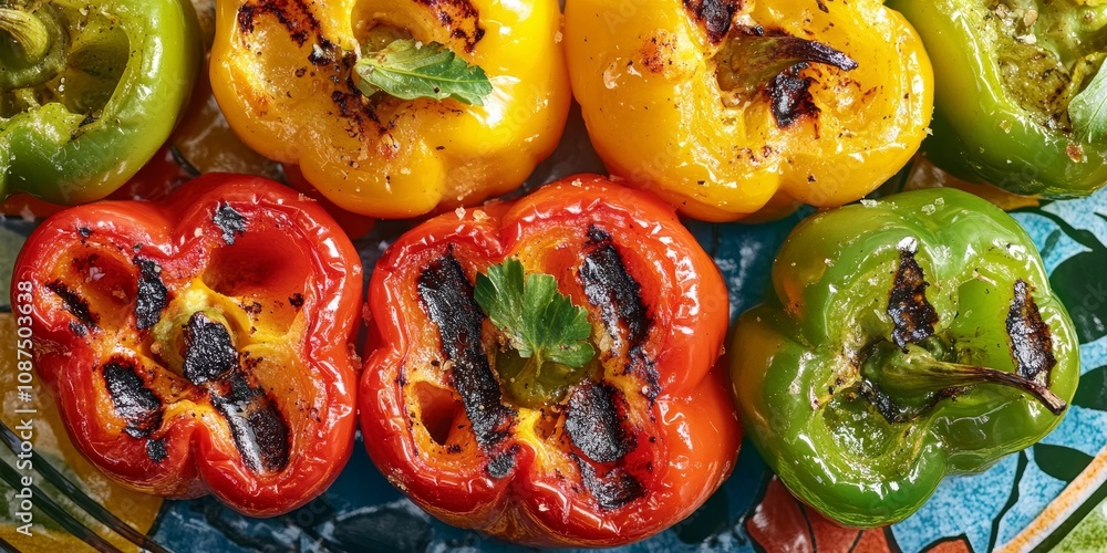 Colorful grilled bell peppers served on a plate, creating an appetizing presentation of grilled bell peppers against a vibrant background that enhances the dish s appeal. Colorful grilled bell peppers served on a plate, creating an appetizing presentation of grilled bell peppers against a vibrant background that enhances the dish s appeal.
