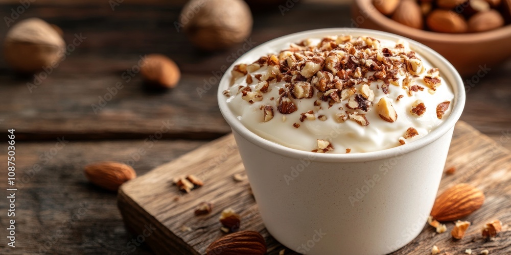 A delicious cup of yogurt topped with a generous sprinkle of nuts for added crunch and flavor, creating a delightful yogurt experience that highlights the creamy texture and nutty goodness. A delicious cup of yogurt topped with a generous sprinkle of nuts for added crunch and flavor, creating a delightful yogurt experience that highlights the creamy texture and nutty goodness.